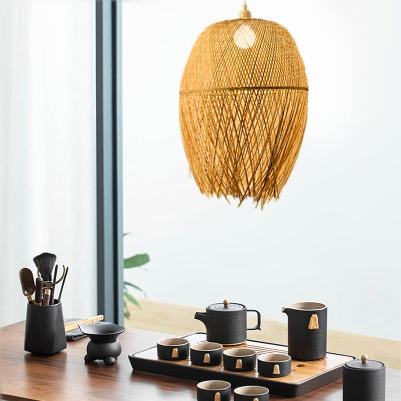 Chinese Style Bamboo Pendant Light For Dining Table - Handcrafted Beige Finish 1 Bulb