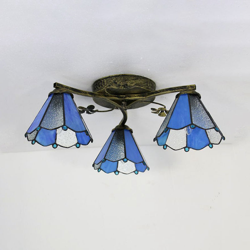 Stained Glass Tiffany Style Flushmount Light with 3 Lights - White/Clear/Blue/Beige