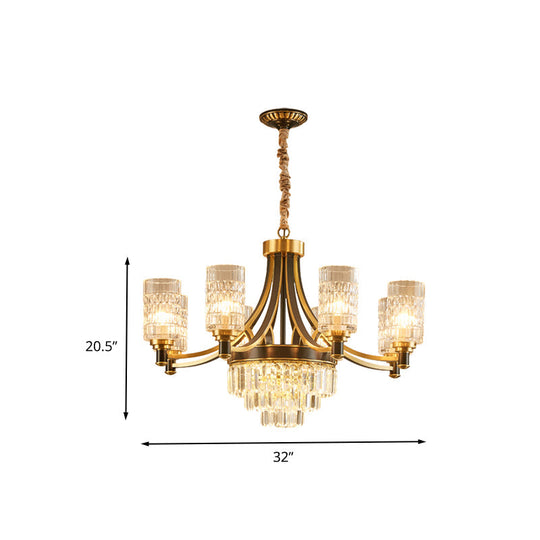 Textured Crystal Cylinder Hanging Light In Gold - 6/8 Head Postmodern Chandelier For Dining Room