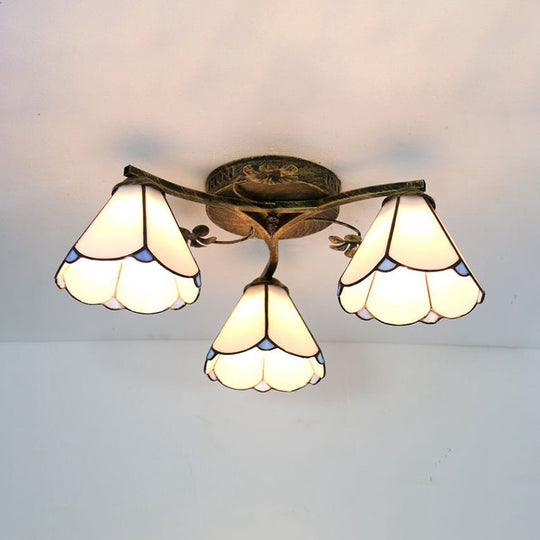 Stained Glass Tiffany Style Flushmount Light with 3 Lights - White/Clear/Blue/Beige