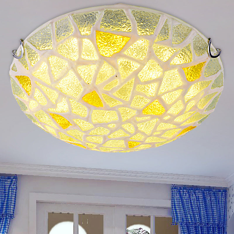 Yellow Glass Handcrafted Ceiling Lamp - Mediterranean Style Flush Mount For Bedroom