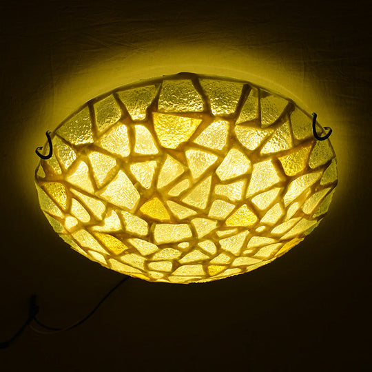 Yellow Glass Handcrafted Ceiling Lamp - Mediterranean Style Flush Mount For Bedroom