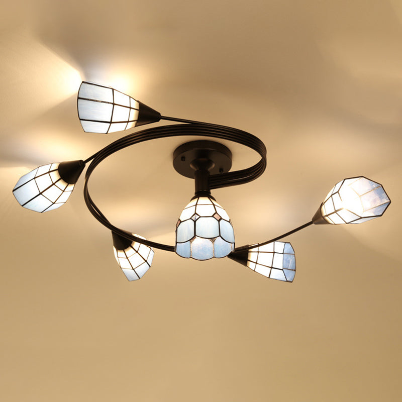 Stained Glass Tiffany Flower Ceiling Light: Semi Flush Mount For Living Room 6 / Blue