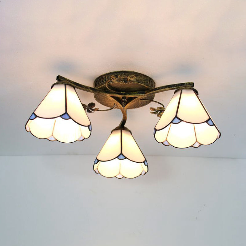 Stained Glass Tiffany Style Flushmount Light With 3 Lights - White/Clear/Blue/Beige White