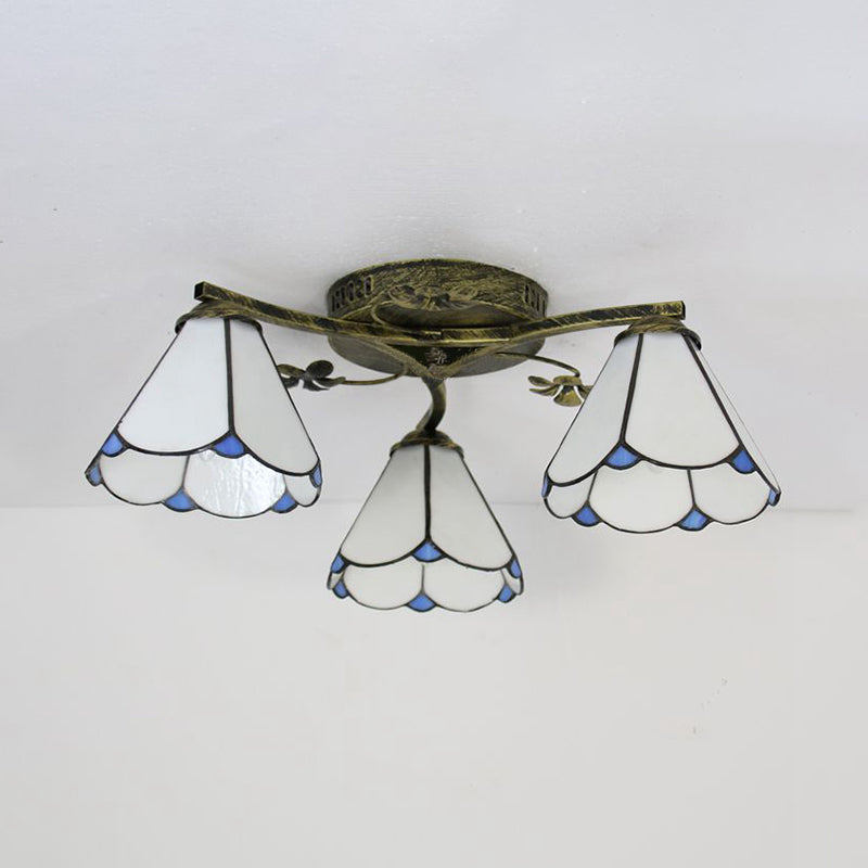 Stained Glass Tiffany Style Flushmount Light with 3 Lights - White/Clear/Blue/Beige