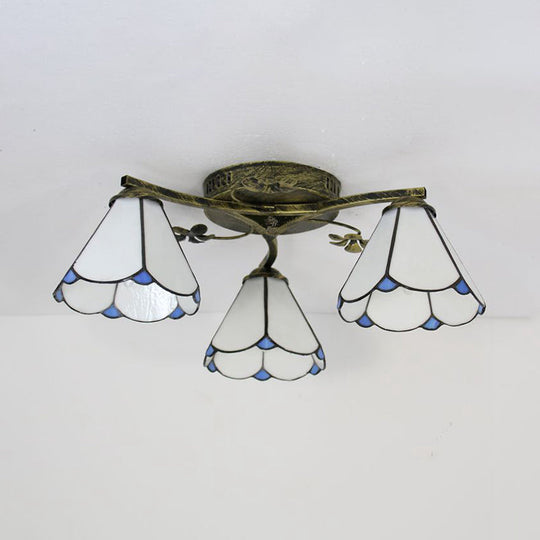 Stained Glass Tiffany Style Flushmount Light with 3 Lights - White/Clear/Blue/Beige