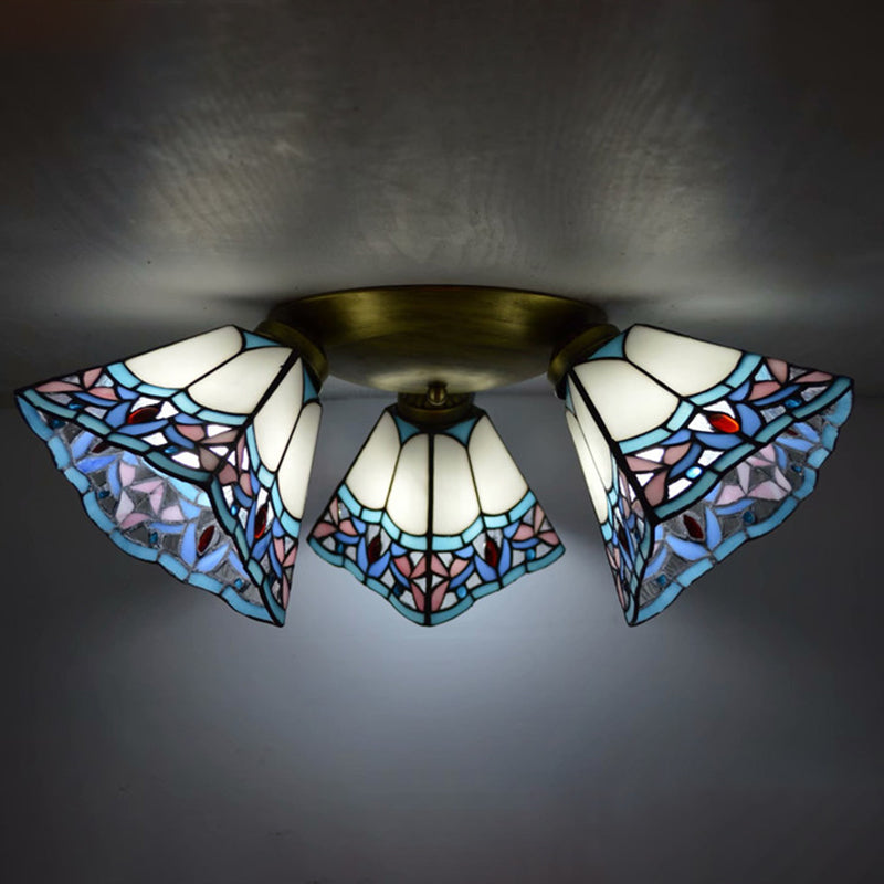 Tiffany Stained Glass Ceiling Light Fixture - Small Flush Mount For Hallway With 3 Heads White-Blue