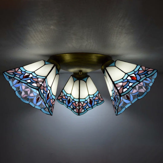 Tiffany Stained Glass Ceiling Light Fixture - Small Flush Mount For Hallway With 3 Heads White-Blue