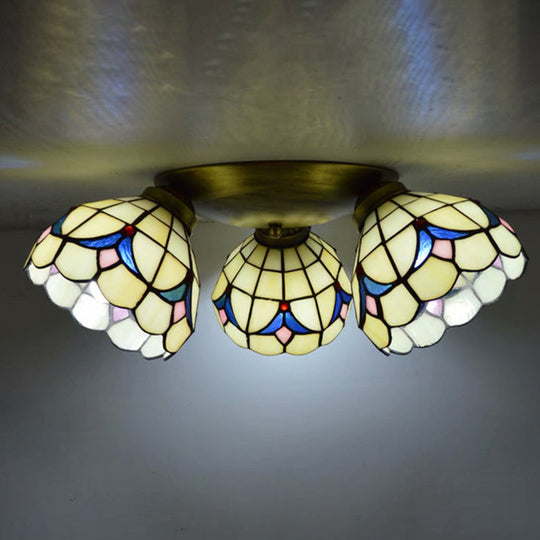 Tiffany Stained Glass Ceiling Light Fixture - Small Flush Mount For Hallway With 3 Heads