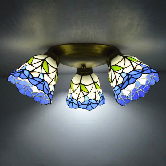 Tiffany Stained Glass Ceiling Light Fixture - Small Flush Mount For Hallway With 3 Heads Blue