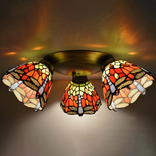 Tiffany Stained Glass Ceiling Light Fixture - Small Flush Mount For Hallway With 3 Heads Orange Red