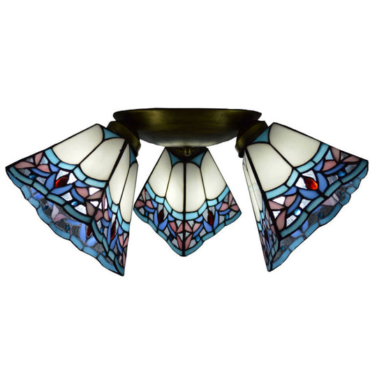 Tiffany Stained Glass Ceiling Light Fixture - Small Flush Mount For Hallway With 3 Heads