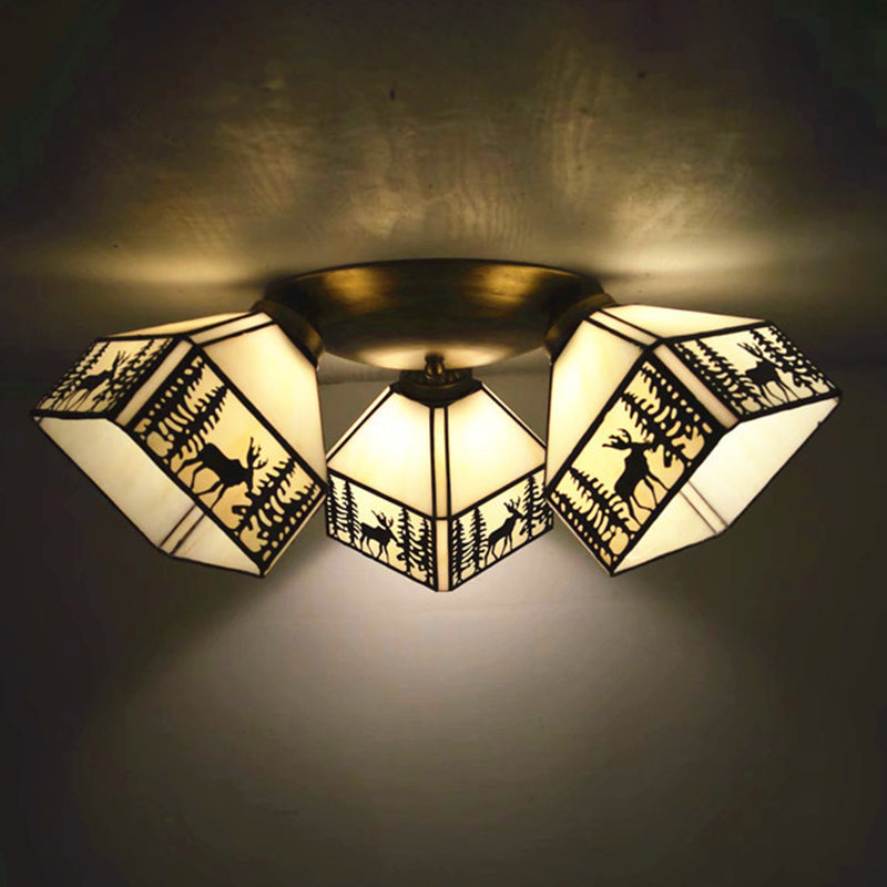 Tiffany Stained Glass Ceiling Light Fixture - Small Flush Mount For Hallway With 3 Heads Brass