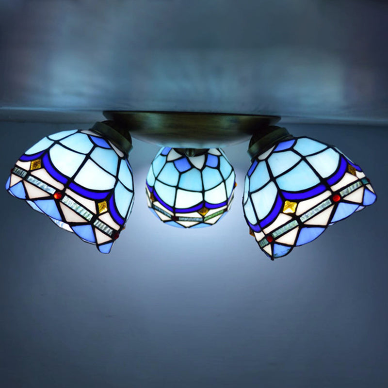 Tiffany Stained Glass Ceiling Light Fixture - Small Flush Mount For Hallway With 3 Heads Ocean Blue