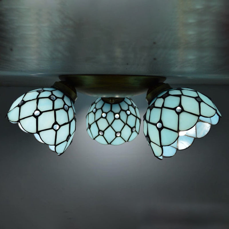 Tiffany Stained Glass Ceiling Light Fixture - Small Flush Mount For Hallway With 3 Heads Blue