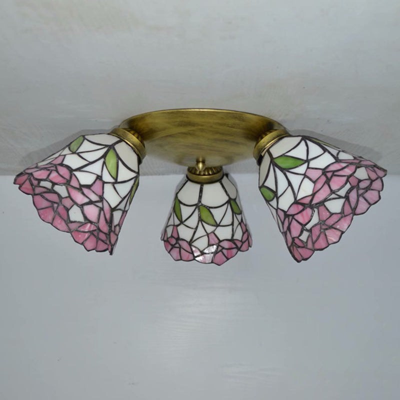 Tiffany Stained Glass Ceiling Light Fixture - Small Flush Mount For Hallway With 3 Heads