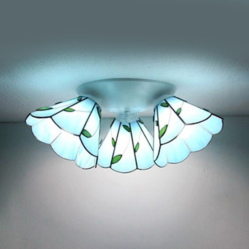 Tiffany Stained Glass Ceiling Light Fixture - Small Flush Mount For Hallway With 3 Heads Blue-White