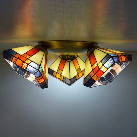 Tiffany Stained Glass Ceiling Light Fixture - Small Flush Mount For Hallway With 3 Heads Orange