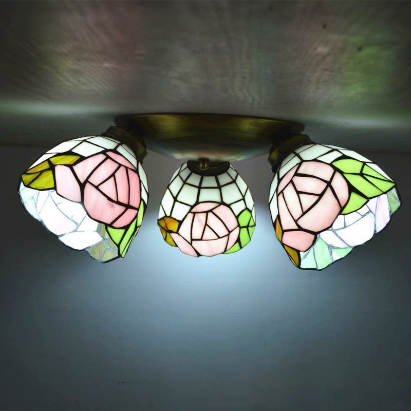 Tiffany Stained Glass Ceiling Light Fixture - Small Flush Mount For Hallway With 3 Heads Pink-Green