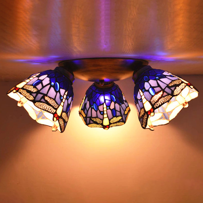 Tiffany Stained Glass Ceiling Light Fixture - Small Flush Mount For Hallway With 3 Heads Blue-Purple