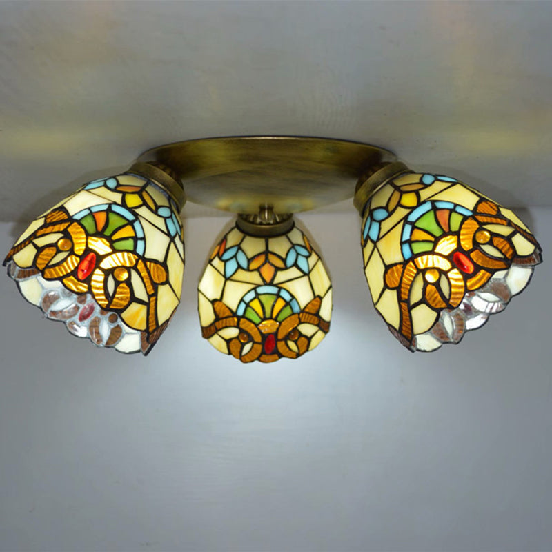 Tiffany Stained Glass Ceiling Light Fixture - Small Flush Mount For Hallway With 3 Heads Brown