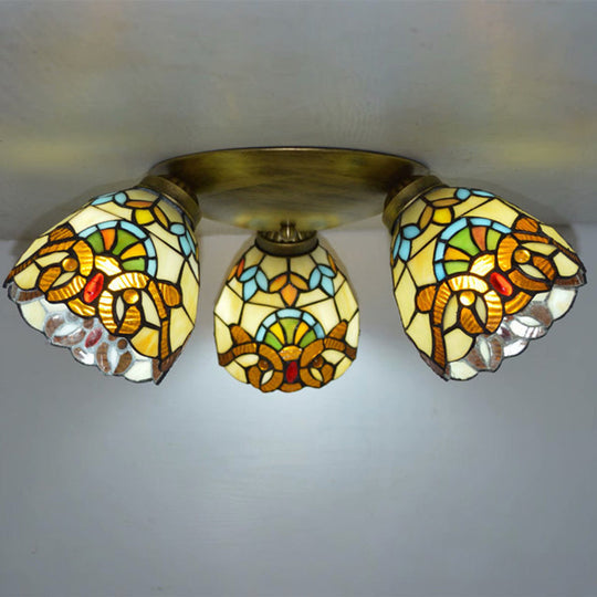 Tiffany Stained Glass Ceiling Light Fixture - Small Flush Mount For Hallway With 3 Heads Brown