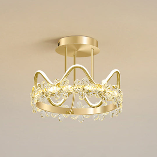 Minimalist Gold Led Ceiling Light With Crystal Flower Design For Bedroom / 17 Remote Control