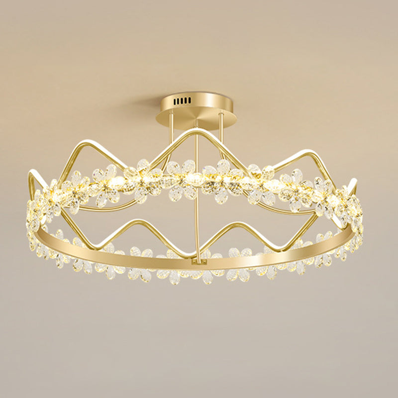 Minimalist Gold Led Ceiling Light With Crystal Flower Design For Bedroom / 32.5 Remote Control