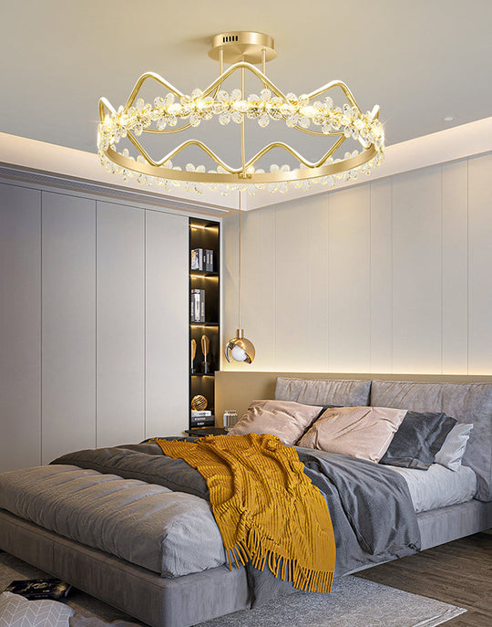 Minimalist Gold Led Ceiling Light With Crystal Flower Design For Bedroom