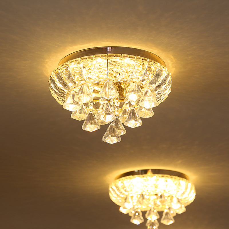 Brass Led Flush Mount Ceiling Light: Small Crystal Simplicity For Hallways