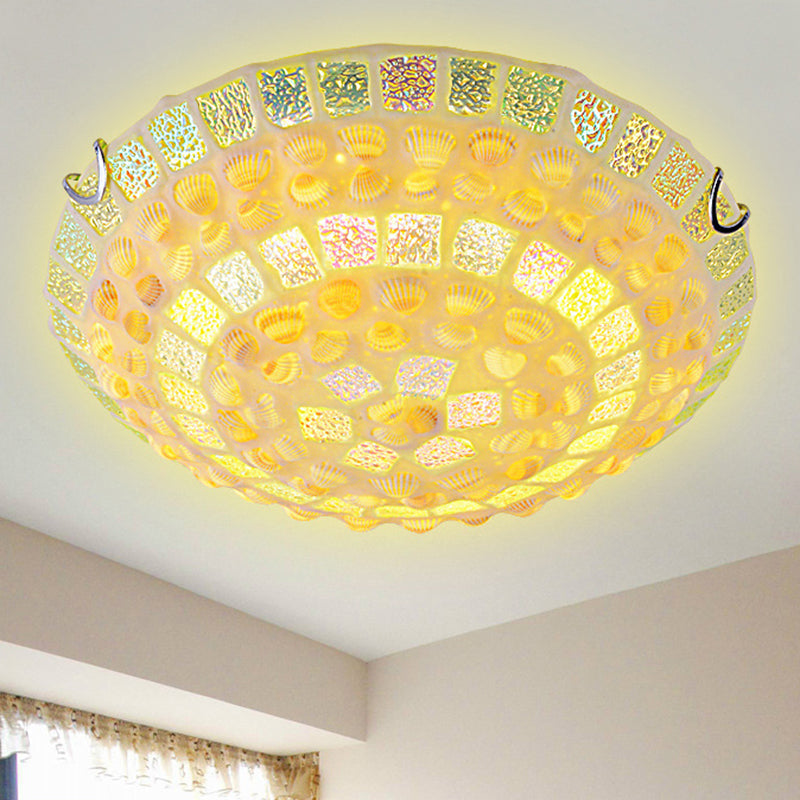 Mediterranean Yellow Mosaic Glass Bowl Ceiling Lamp With Decorative Shell For Bedrooms - Flush Mount