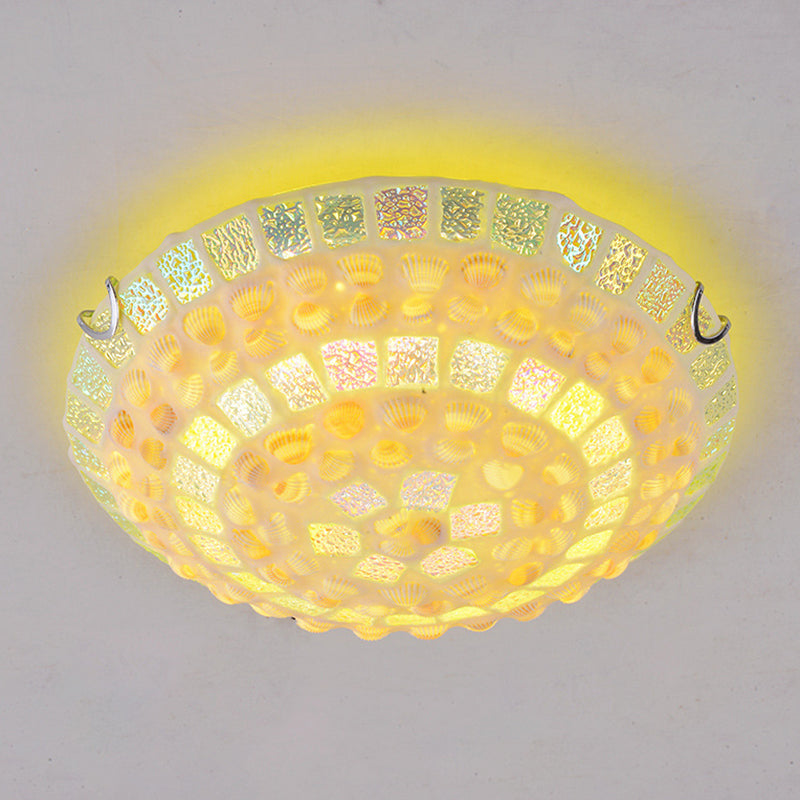 Mediterranean Yellow Mosaic Glass Bowl Ceiling Lamp With Decorative Shell For Bedrooms - Flush Mount