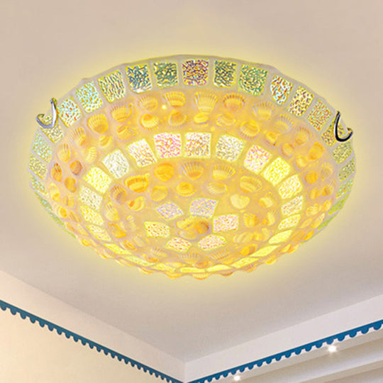 Mediterranean Yellow Mosaic Glass Bowl Ceiling Lamp With Decorative Shell For Bedrooms - Flush Mount