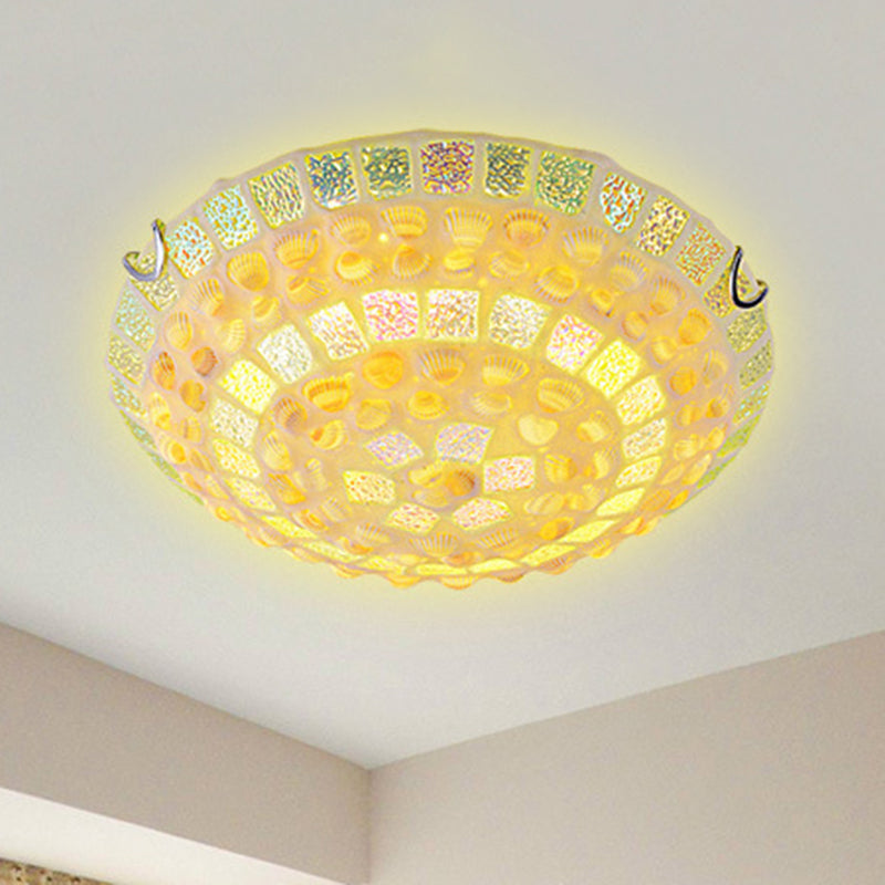 Mediterranean Yellow Mosaic Glass Bowl Ceiling Lamp With Decorative Shell For Bedrooms - Flush Mount