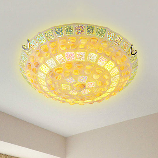 Mediterranean Yellow Mosaic Glass Bowl Ceiling Lamp With Decorative Shell For Bedrooms - Flush Mount