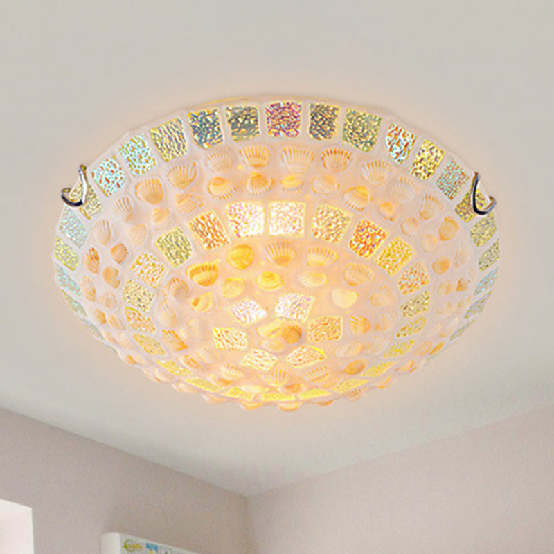 Mediterranean Yellow Mosaic Glass Bowl Ceiling Lamp With Decorative Shell For Bedrooms - Flush Mount