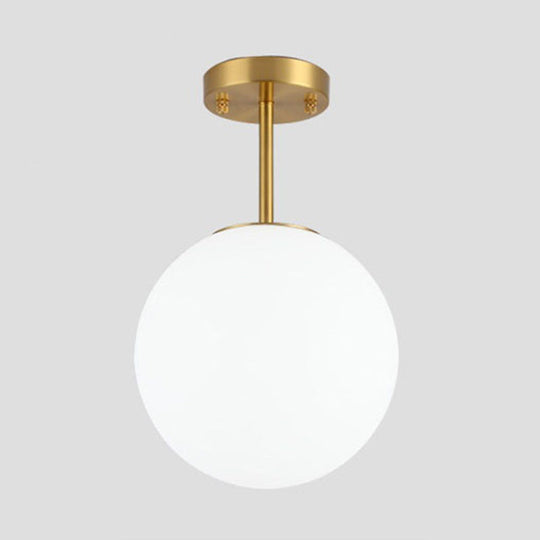 Sleek Brass Semi Flush Ceiling Light With White Glass - 1 Head Simple Style Fixture For Spherical