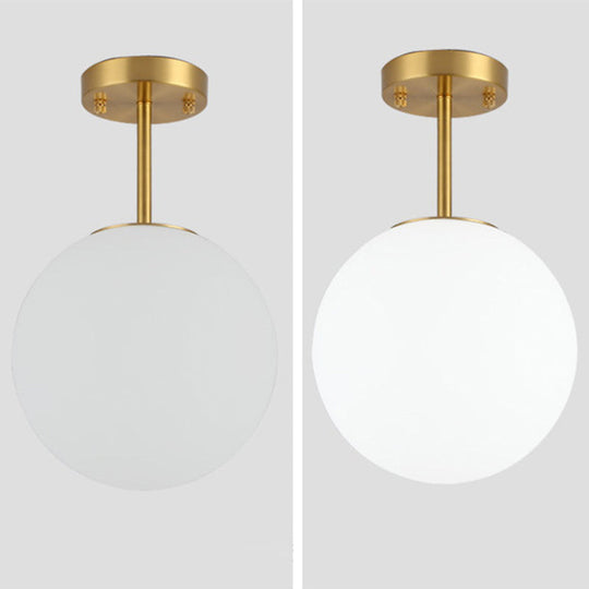 Sleek Brass Semi Flush Ceiling Light With White Glass - 1 Head Simple Style Fixture For Spherical