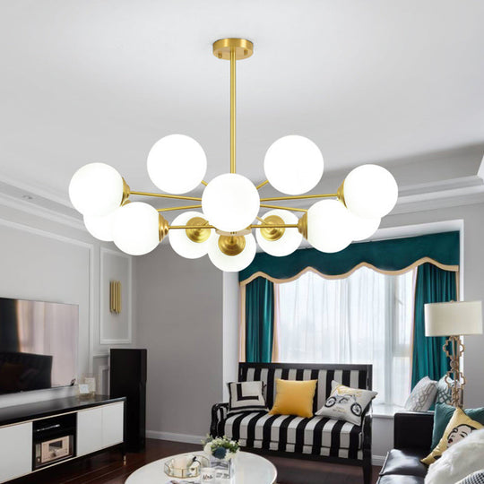 Modern Metal Hanging Chandelier With Opal Glass Shade - Gold Ceiling Light For Living Room