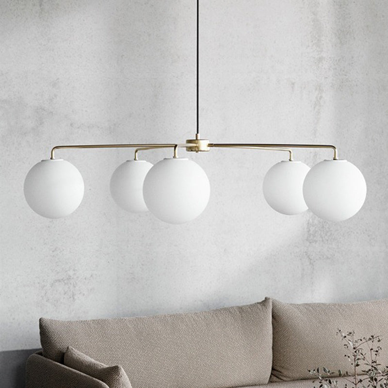 Sleek White Glass Spherical Chandelier - 5-Light Modern Minimalist Ceiling Fixture For Living Room