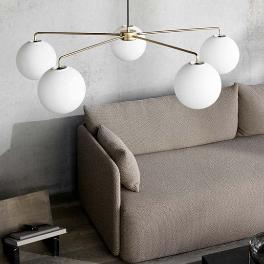 Sleek White Glass Spherical Chandelier - 5-Light Modern Minimalist Ceiling Fixture For Living Room