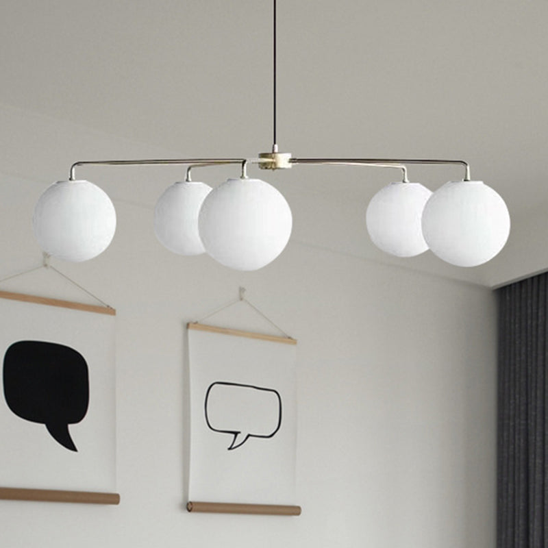 Sleek White Glass Spherical Chandelier - 5-Light Modern Minimalist Ceiling Fixture For Living Room