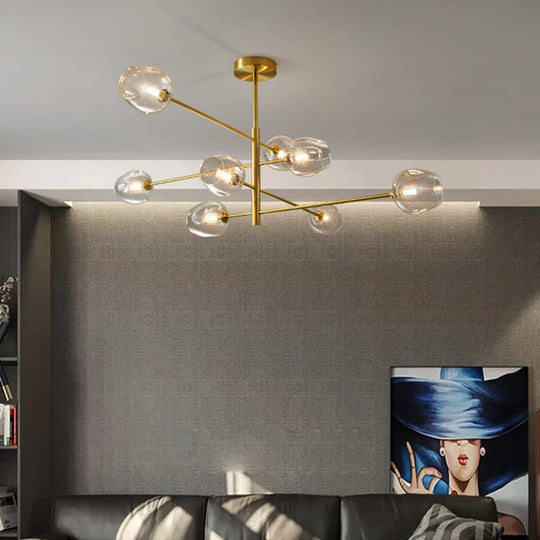 Post-Modern Gold Metal Chandelier With Glass Shades - Ideal For Living Room