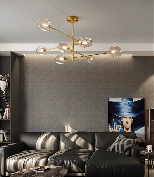 Post-Modern Gold Metal Chandelier With Glass Shades - Ideal For Living Room