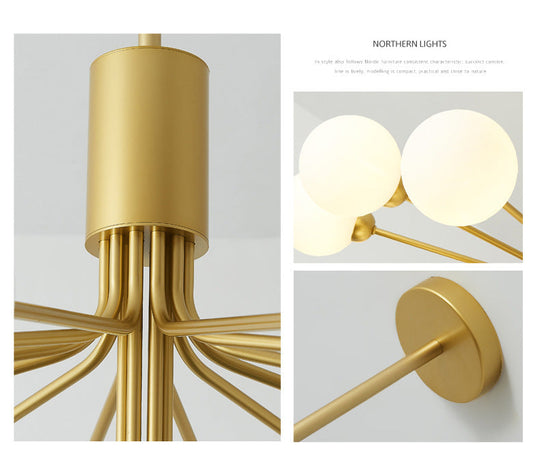 Post-Modern Starburst Chandelier With Opal Glass Shade In Gold - Perfect For Living Room