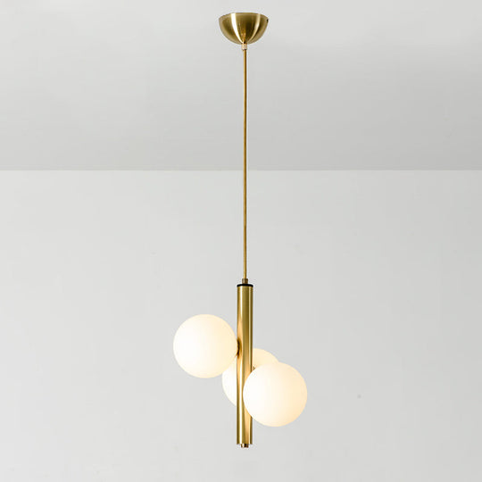 Sleek Minimalist Glass Chandelier - Modern Linear Fixture With 3 Spherical Frosted Lights