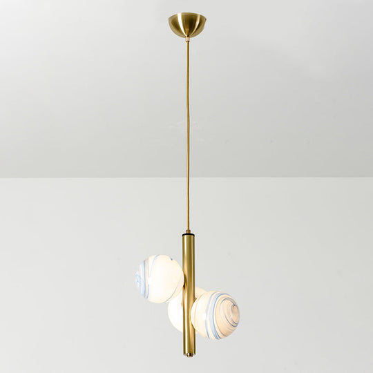 Sleek Minimalist Glass Chandelier - Modern Linear Fixture With 3 Spherical Frosted Lights