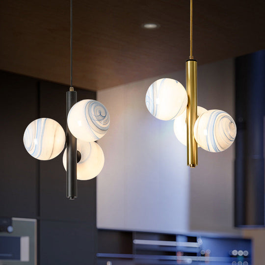 Sleek Minimalist Glass Chandelier - Modern Linear Fixture With 3 Spherical Frosted Lights