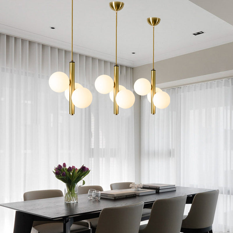 Sleek Minimalist Glass Chandelier - Modern Linear Fixture With 3 Spherical Frosted Lights