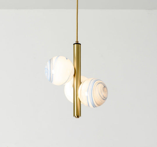 Sleek Minimalist Glass Chandelier - Modern Linear Fixture With 3 Spherical Frosted Lights